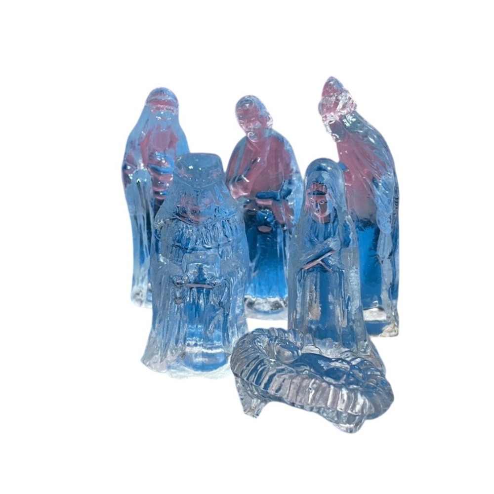 Glass Nativity‎ Scene Set 6 Figures Manger Baby Jesus Christmas Decor Clear